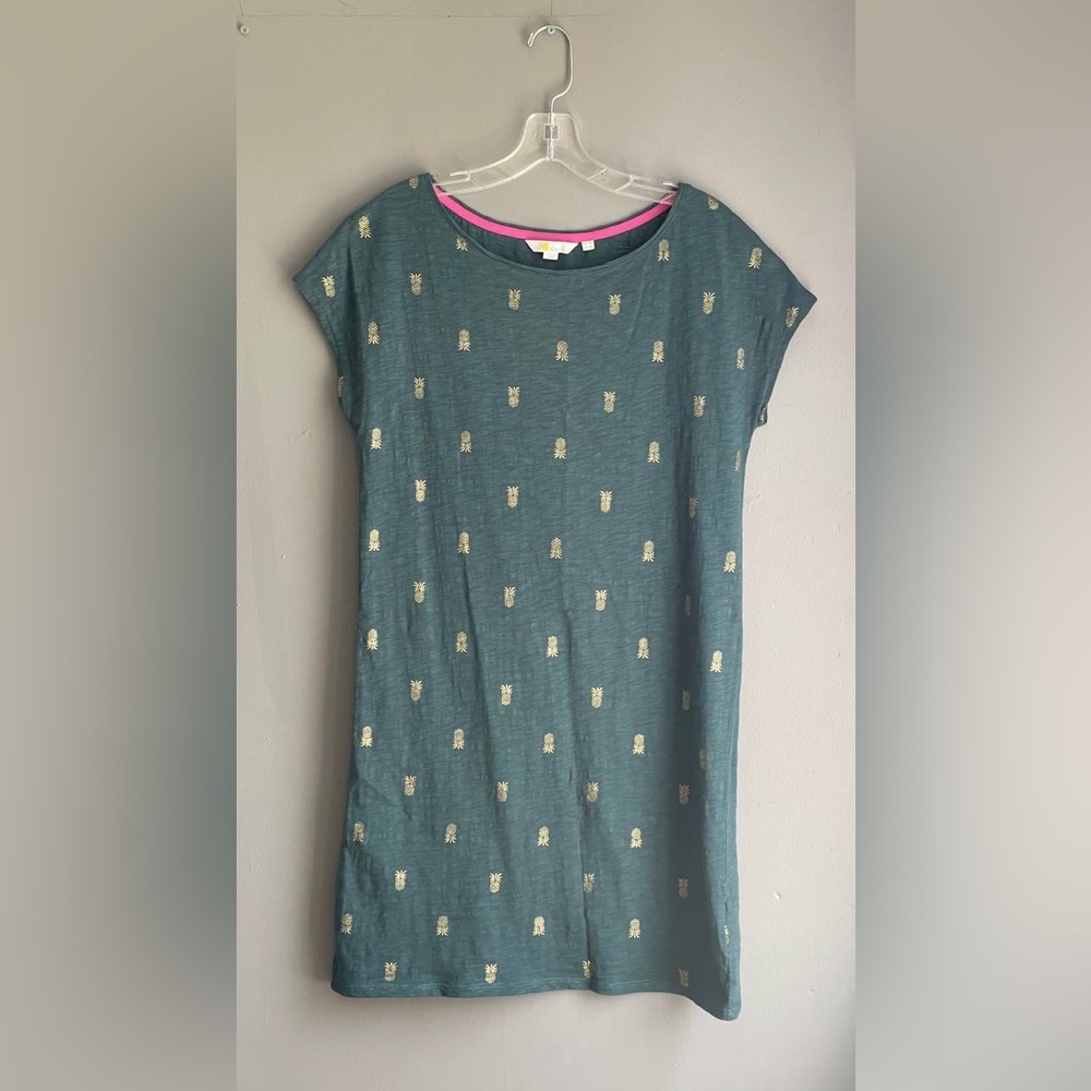 BODEN Paulina Jersey Shift Dress Size 4 Woodland Green Gold Pineapple Casual